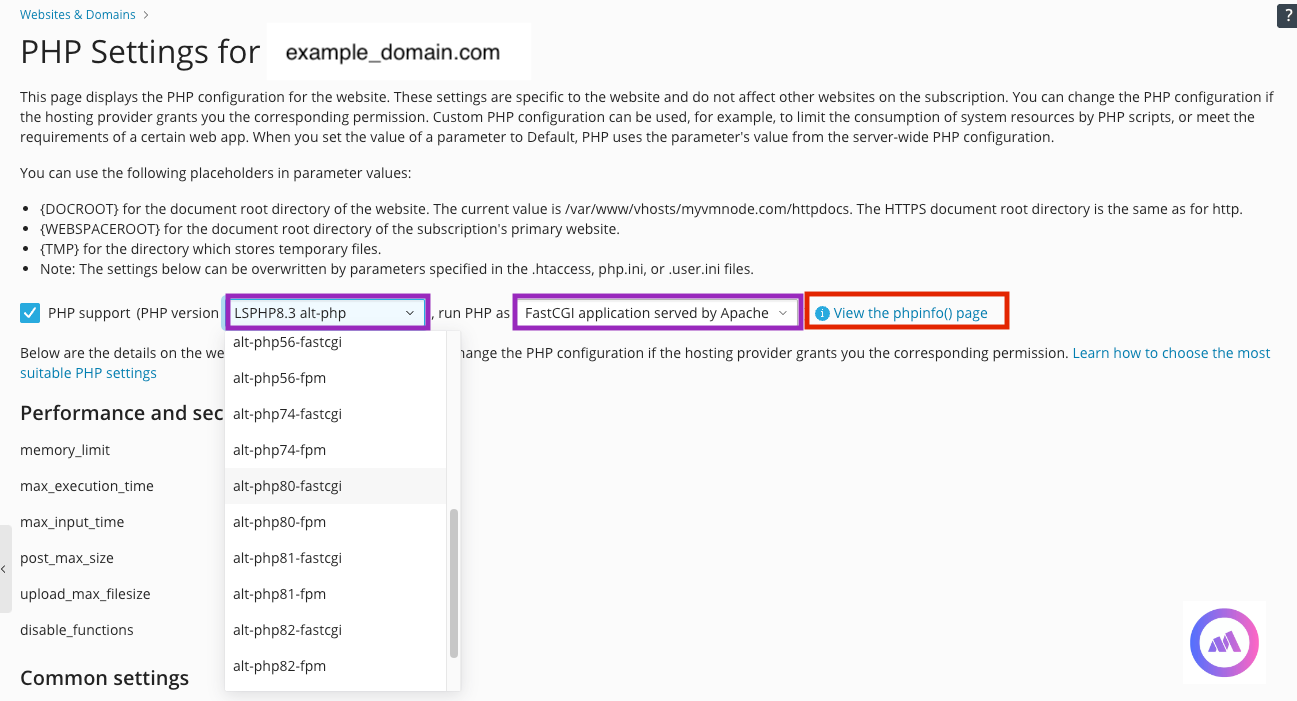 Plesk PHP Selector